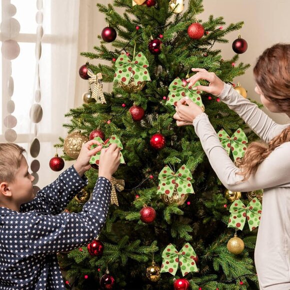 Red, Green Christmas 6 Piece Wreaths Bows Glitter Dot Xmas Ribbon Bow Ornaments - Picture 6 of 8